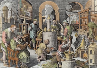 Distillation, boiling water to purify it, engraved by Philip Galle by Jan van der Straet